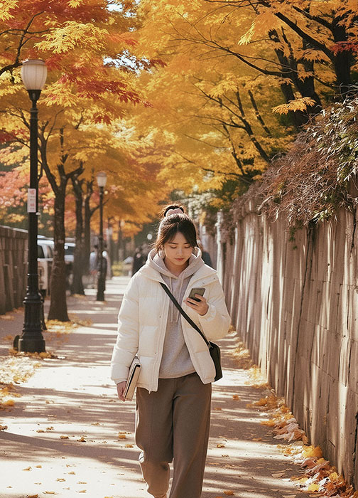 가을 단풍길을 걷는 패딩을 입은 학생