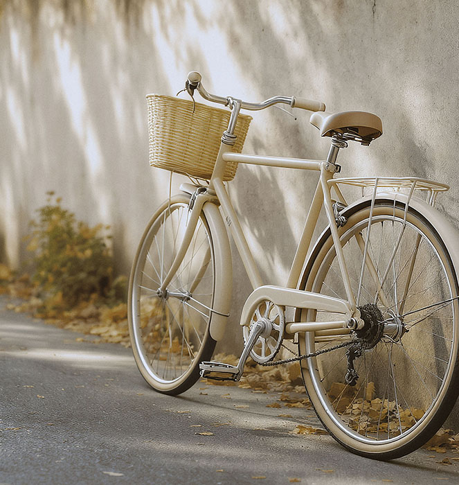 가을 낙엽이 깔린 골목 벽 옆에 세워진 아이보리색 바구니 자전거